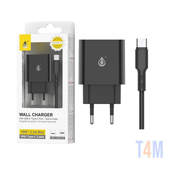 One Plus EU Wall Charger NA0277 with 1USB+1Type-C Port QC 3.0+PD(20W) Black